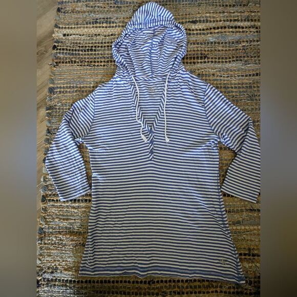 Calvin Klein M Blue White Striped Henley Hoodie Sweatshirt Shirt Tunic 3/4 Sleev - Picture 2 of 6
